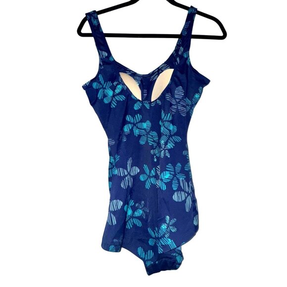 One-Piece Maxine Swimsuit With Ruched Front & Tropical Print Blue & Teal Womens - Picture 8 of 10
